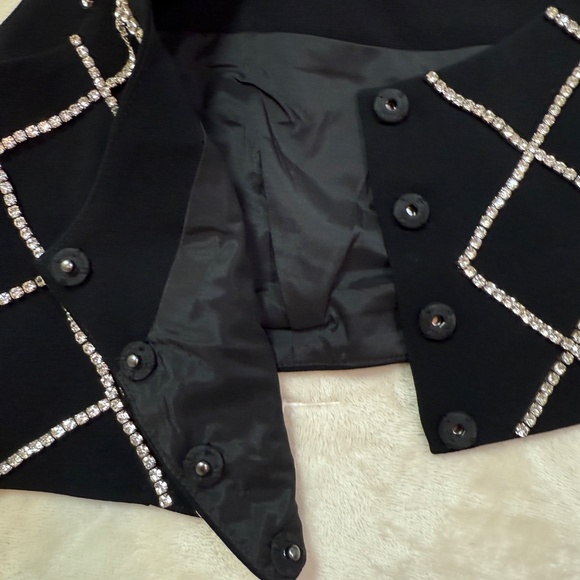 Black Matte Polyester & Satin Bralette Top w/ Rhinestone Diamond Pattern - Picture 4 of 14